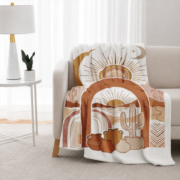 Rdsfhsp Boho Throw Blanket, Soft Flannel Fleece with Desert‑Arch, Sun‑Moon, Cactus and Terracotta‑pot neutral‑southwest‑prints, modern bohemian home‑decor.
