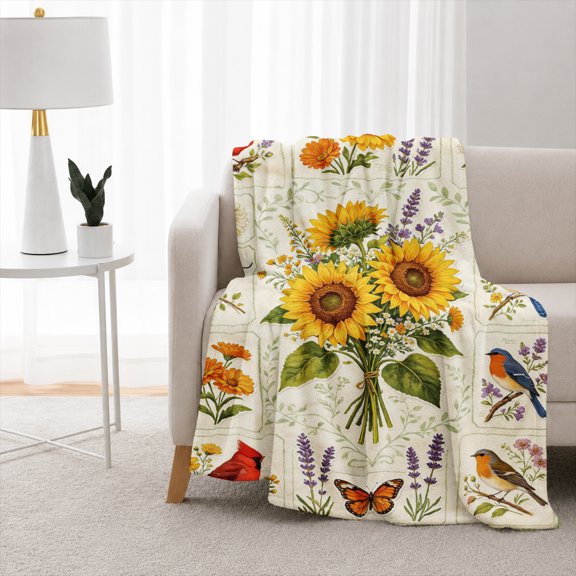 Rdsfhsp Botanical Bird Throw Blanket, Soft Flannel Fleece Throws with Cardinals, Bluebirds, Sunflowers, Butterflies and Wildflowers, Cozy Blanket for Couch, Bed, Nature Inspired Home Decor Gift