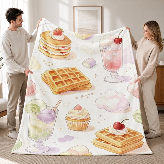Rdsfhsp Breakfast Throw Blanket, Soft Flannel Fleece Throws with Pancakes, Waffles, Fruit Drinks, Cupcakes and Sweet Brunch Inspired Artwork, Decorative Blanket for Couch, Bed, Dining Room Decor Gift