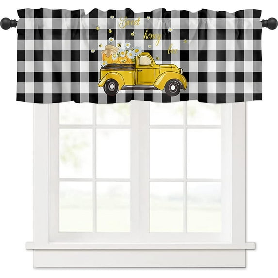 Rdsfhsp Buffalo Plaid Valance Curtain for Kitchen Windows/Living Room/Bedroom/Cafe, Sweet Honey Bee Yellow Truck Pulling Daisy Flower Spring Summer Window Curtain Valance Rod Pocket 54x18 Inch