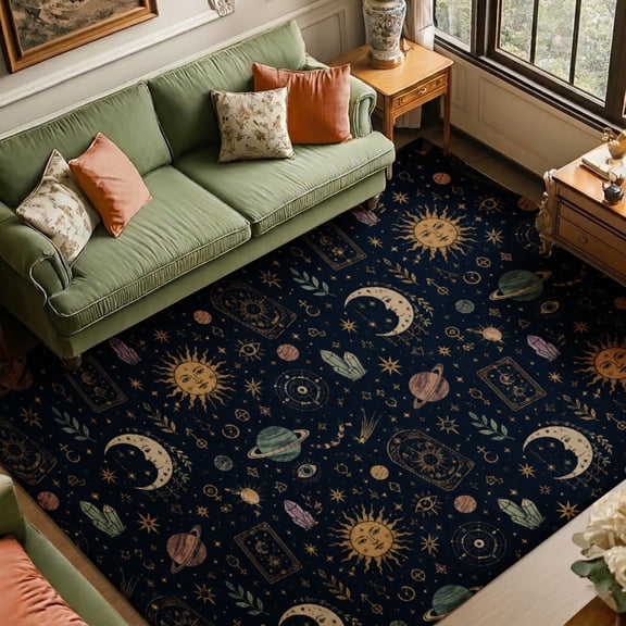 Rdsfhsp Celestial Moon Stars Velvet Area Rug, Planets Sun and Galaxy Pattern Soft Carpet for Bedroom Living Room Teen Room Boho Home Decor