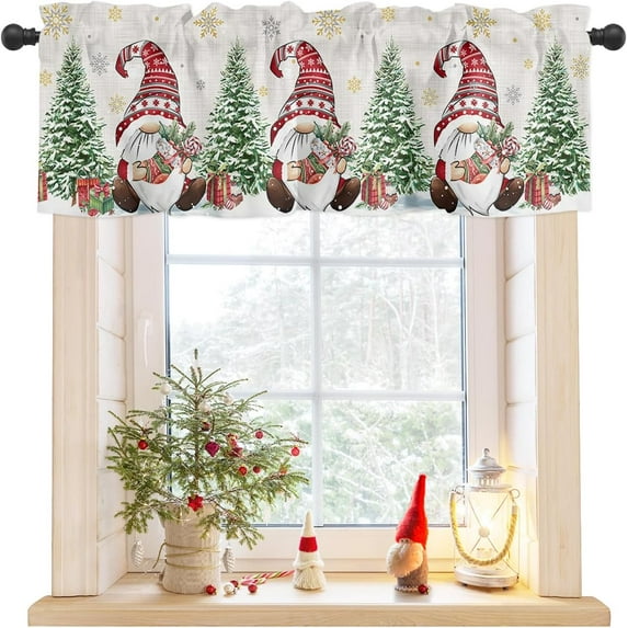Rdsfhsp Christmas Curtain Valance, Christmas Tree Gnome Snowflake Winter Beige Vintage Short Rod Pocket Window Treatment for Living Room Kitchen Bathroom, 1 Panel, 54" X 18"