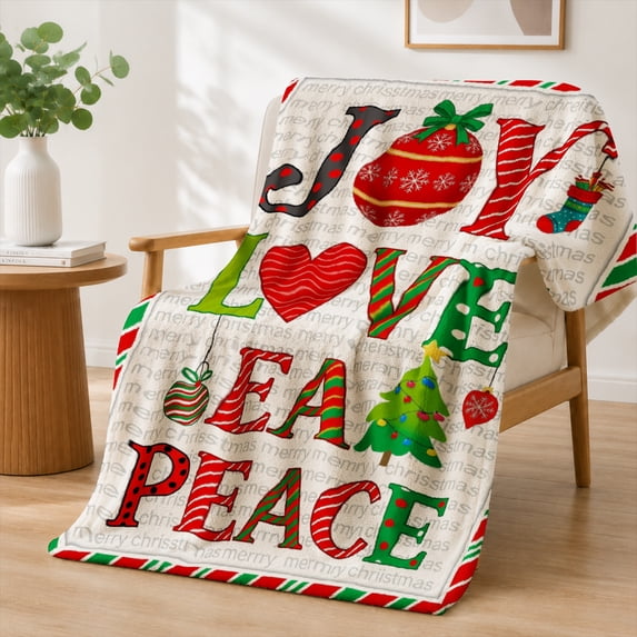 Rdsfhsp Christmas Joy Flannel Fleece Throw Blanket, Holiday Letter Print Soft Blanket for Couch Bed Seasonal Decor 80"x60"