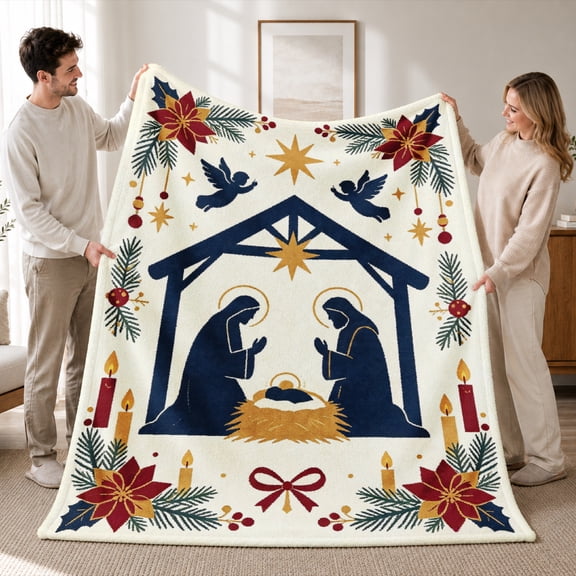 Rdsfhsp Christmas Nativity Flannel Fleece Blanket, Holiday Religious Scene Throw Blanket, Soft Cozy Warm Blanket for Home Bedroom Decor 50"x40"