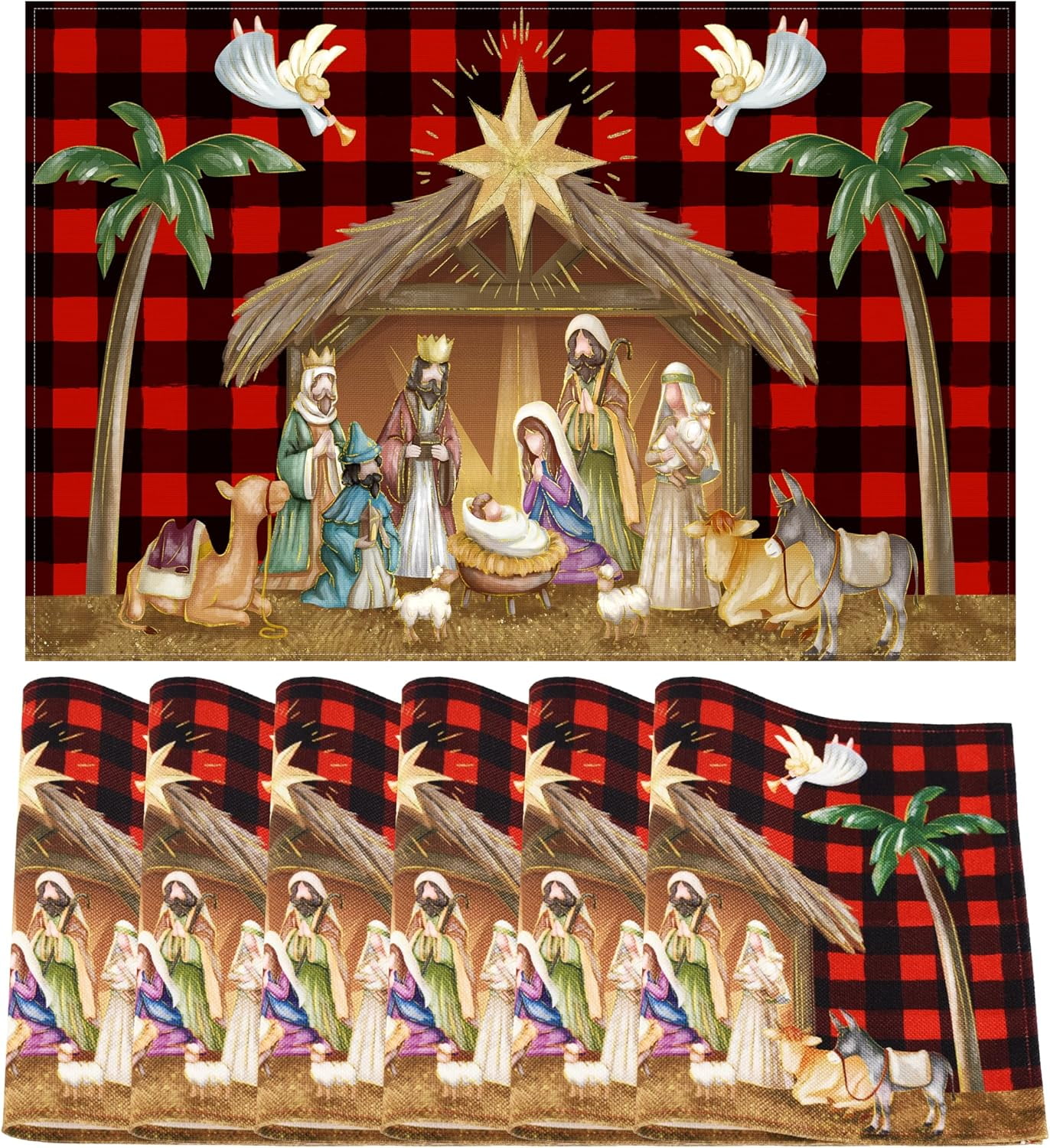 Rdsfhsp Christmas Placemats Set of 6, Merry Christmas Linen Table Mats Kitchen Mat for Dining Table, Xmas Holy Night Dining Place Mat for Holiday Decor, 12 x 18 inch