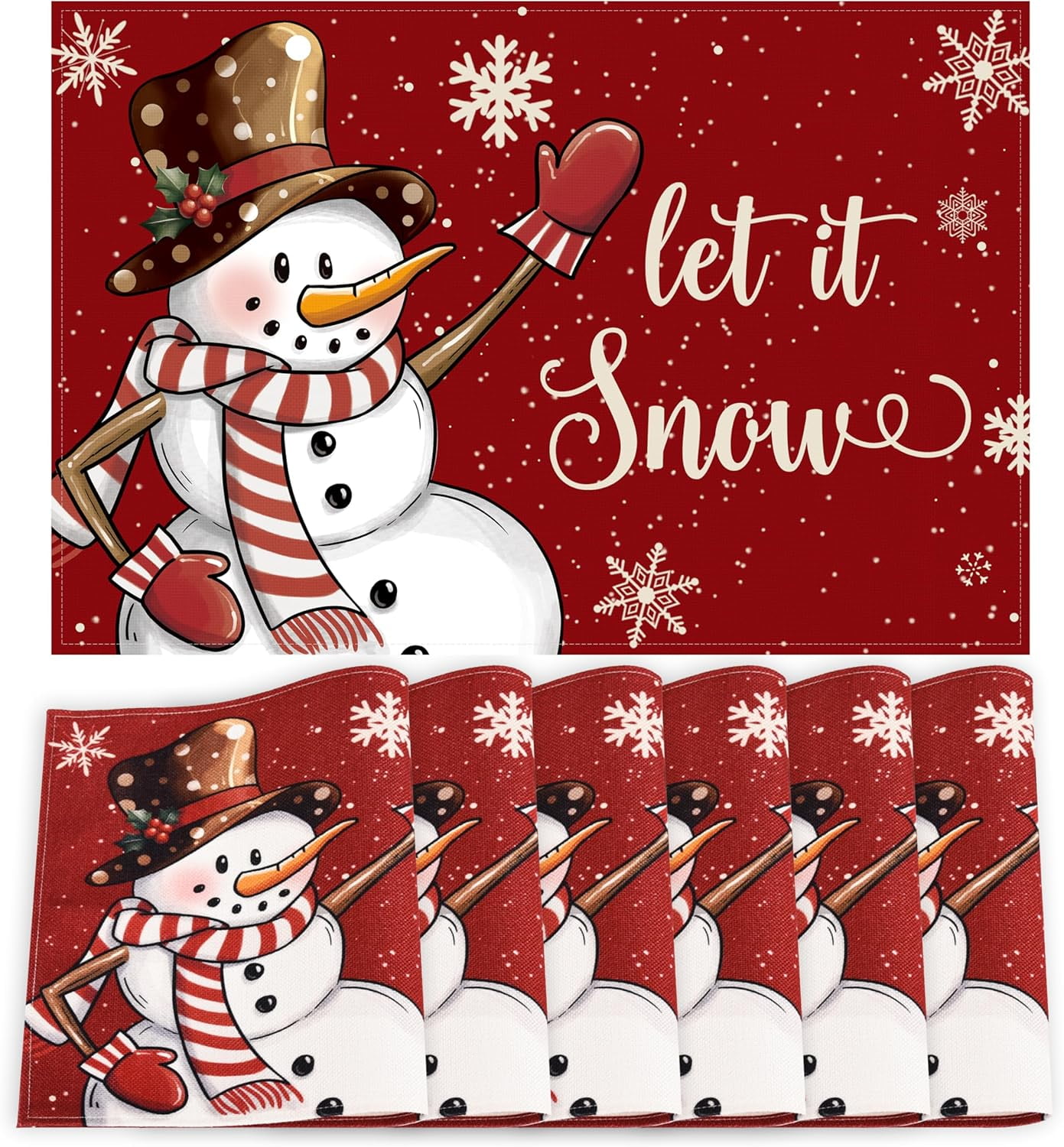 Rdsfhsp Christmas Placemats Set of 6, Merry Christmas Winter Snowman Table Mats Linen Kitchen Mat for Dining Table, Let It Snow Dining Place Mat Table Decoration for Holiday Decor, 12x18inch