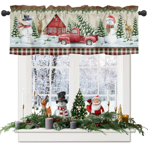 Rdsfhsp Christmas Valance Kitchen Curtains for Windows, Farm Red Truck Rod Pocket Valances Window Treatments Holiday Snowman Short Curtains for Bedroom/Living Room, 54" X 18"