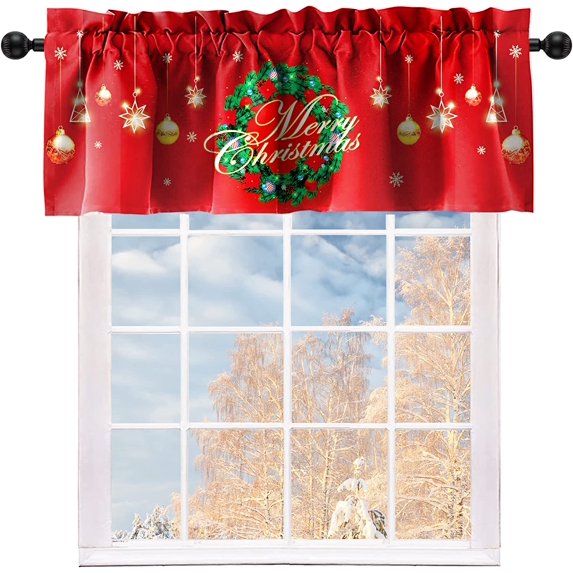 Rdsfhsp Christmas Valances Wreath Window Short Curtain Valances for Kitchen Bathroom, Rod Pocket Christmas Ornament Small Window Treatment Valances 54x18 Inch, Red