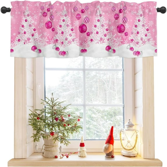 Rdsfhsp Christmas Window Valance Winter Snowflakes Window Treatment Pink Xmas Tree Balls Snow Rod Pocket Curtain Valance,54x18 inch Xmas Snowflake Pink Valance for Kitchen Bathroom Living Room