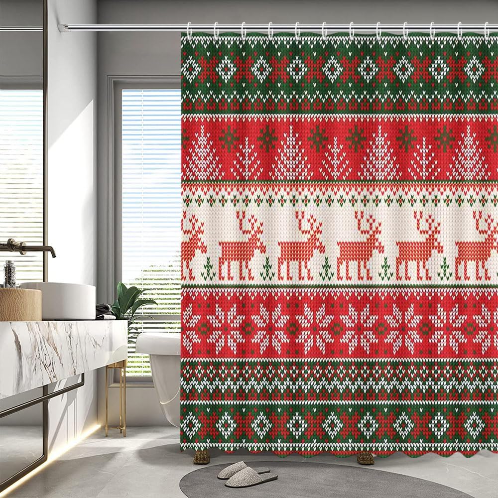 Rdsfhsp Christmas Winter Shower Curtain Green Red Christmas Tree Deer