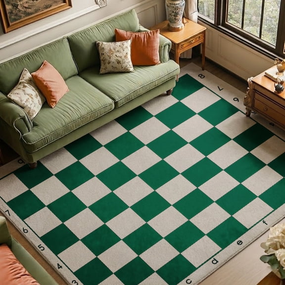 Rdsfhsp Classic Checkerboard Velvet Area Rug, Green White Chess Board Pattern Soft Carpet for Game Room Bedroom Living Room Study Home Decor