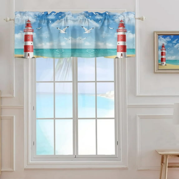 Rdsfhsp Coastal Ocean Beach Valance Curtain for Window, Watercolor Lighthouse Seagull Rod Pocket Kitchen Valances Short Curtain Treatment Drapes for Bathroom/Bedroom/Living Room 54x18 Inch