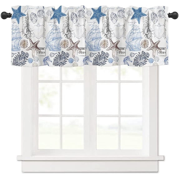 Rdsfhsp Coastal Sailing-style Sailing Boat Starfish Shell Coral Pattern Light Filtering Polyester Rod Pocket kitchen Valances Curtains for Windows 54x18 inch