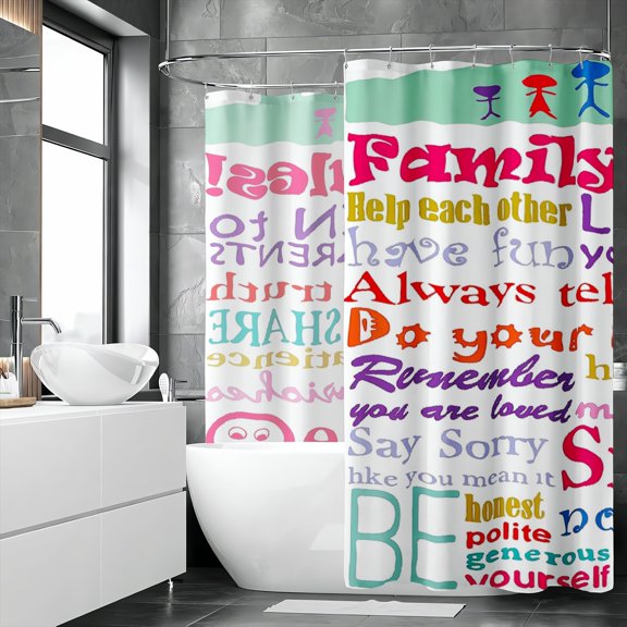 Rdsfhsp Colorful Family Rules Typography Kids Quote Shower Curtain 72x72 Inch with Hooks Included, Machine Washable Mildew Resistant Waterproof Heavy Duty Fabric Bath Curtain
