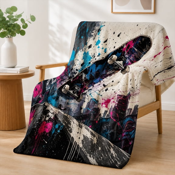 Rdsfhsp Cool Street Art Skateboarding Graffiti Flannel Throw Blanket Soft Warm Fleece Blanket for Boys Teens Bedroom Couch Sofa Decor