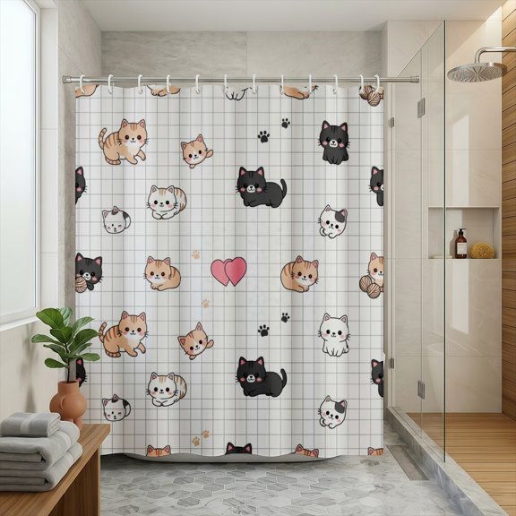 Rdsfhsp Cute Cartoon Cat Grid Background Kids Shower Curtain 72x72 Inch with Hooks Included, Machine Washable Mildew Resistant Waterproof Heavy Duty Fabric Bathroom Bath Curtain