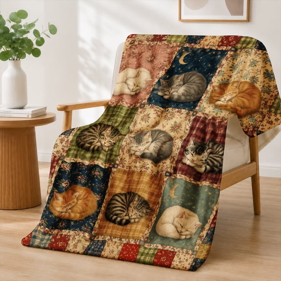 Rdsfhsp Cute Sleeping Cats Crescent Moon Star Patchwork Flannel Throw Blanket Soft Warm Cozy Fleece Blanket for Cat Lovers Bed