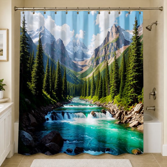 Rdsfhsp Deep Mountain Pine Forest Waterfall Shower Curtain, Wilderness River Nature Landscape Bathroom Decor, Waterproof Washable Polyester Fabric Bath Curtains with Hooks, 72x72 Inches