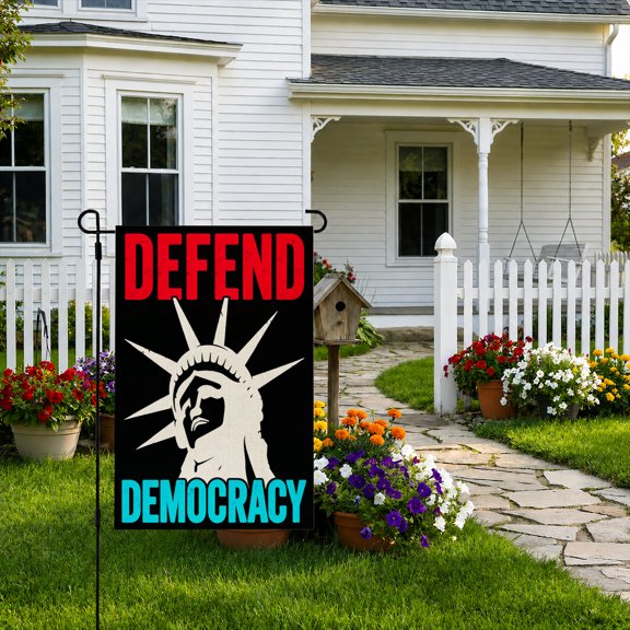 Rdsfhsp Defend Democracy Garden Flag 12x18 Inch, Linen Patriotic Statue Graphic Yard Flag, Double Sided Outdoor Porch Lawn Home Decor