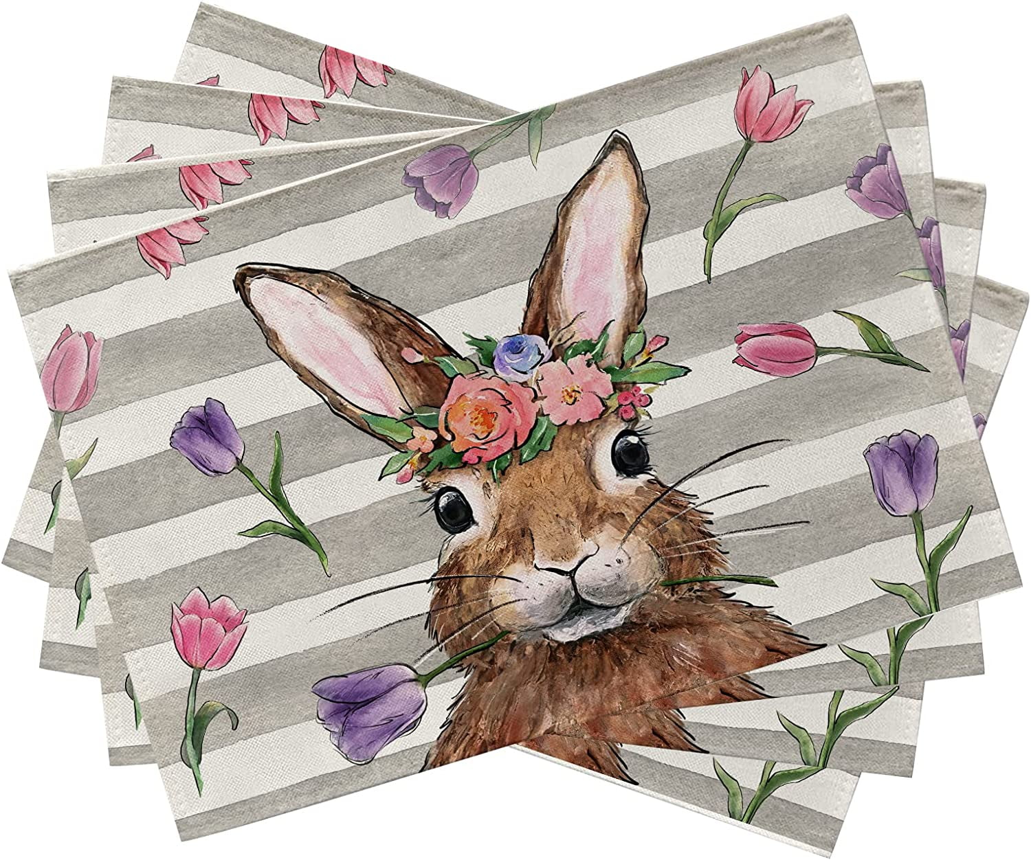 Rdsfhsp Easter Bunny Rabbit Placemats Set of 4, Tulip Flowers Stripes
