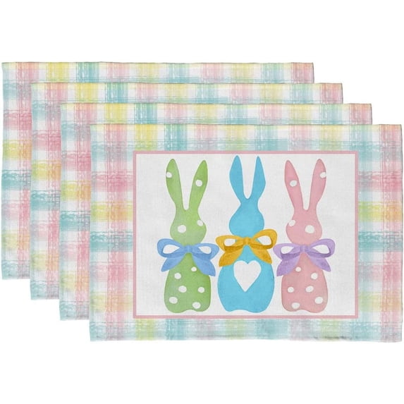 Rdsfhsp Easter Placemats 12x18 Inches Set of 4, Bunny Rabbit Pink Spring Holiday Farmhouse Linen Buffalo Plaid Indoor Table Mats Decorations for Holiday Home Dinner Party