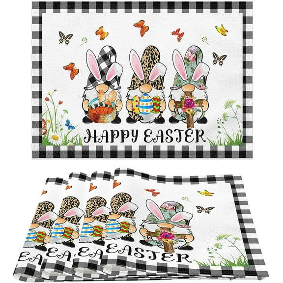 Rdsfhsp Easter Placemats Set of 4, Black White Buffalo Plaid Gnome Flower Spring Summer Heat Resistant Linen Place Mats, Holiday Party Dining Table Mat for Farmhouse Home Kitchen Decor