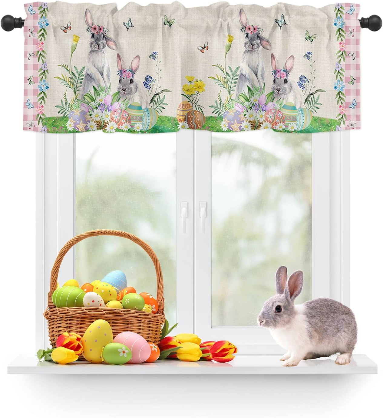Rdsfhsp Easter Rabbit Kitchen Window Valance Curtain Cute Bunny Spring ...