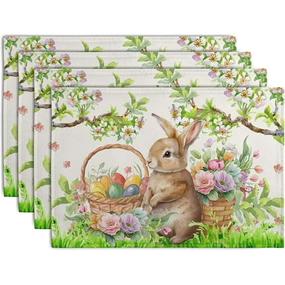 Rdsfhsp Easter Rabbit Linen Placemats Set of 4, Spring Easter Egg Bunny Flowers Floral Place Mat 12x18 inch for Kitchen Dining Party