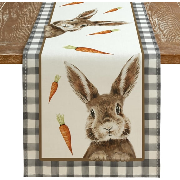 Rdsfhsp Easter Table Runner 13x72 Inches, Bunny Rabbit Carrot Spring Holiday Farmhouse Buffalo Plaid Burlap Indoor Table Decorations for Home Kitchen Dining Table