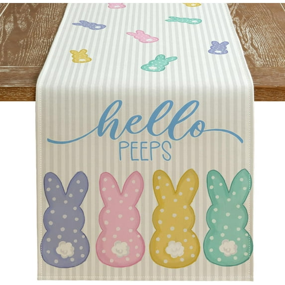 Rdsfhsp Easter Table Runner 13x72 Inches, Bunny Rabbit Hello Peeps Spring Holiday Farmhouse Stripe Burlap Indoor Table Decorations for Home Dining Table
