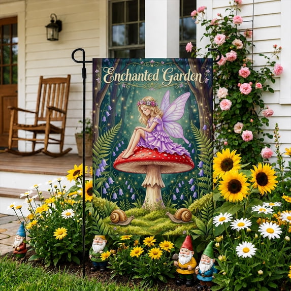 Rdsfhsp Enchanted Fairy Garden Flag 12x18 Inch, Linen Outdoor Decorative Yard Flag, Fantasy Floral Garden Flag for Front Porch Lawn Patio Decor