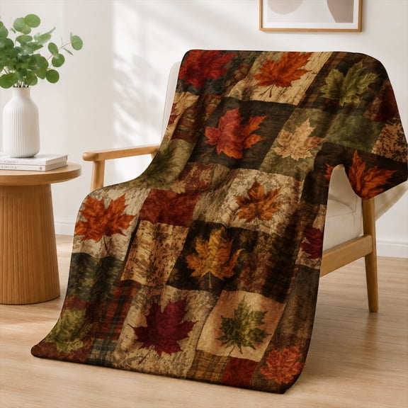 Rdsfhsp Fall Autumn Maple Leaves Plaid Patchwork Grid Flannel Throw Blanket Soft Warm Cozy Fleece Blanket Thanksgiving Couch Decor