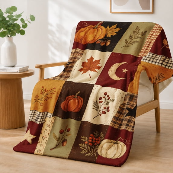 Rdsfhsp Fall Harvest Pumpkin Crescent Moon Leaves Plaid Flannel Throw Blanket Soft Warm Cozy Fleece Blanket Thanksgiving Decor