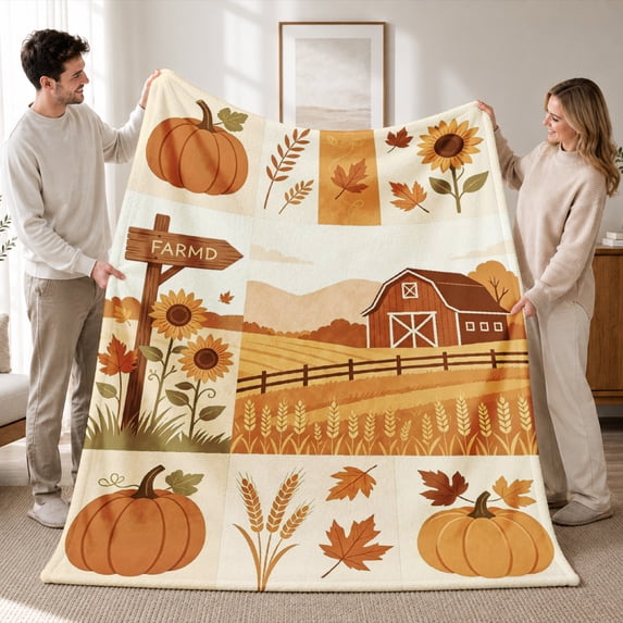 Rdsfhsp Farmhouse Pumpkin Flannel Fleece Blanket, Rustic Country Fall Throw Blanket, Soft Cozy Warm Blanket for Bedroom Sofa Decor 50"x40"