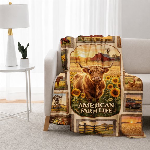 Rdsfhsp Farmhouse Throw Blanket, Soft Plush Flannel Fleece Throws with Highland Cow, Red Barn, Sunflowers, Tractor and Rustic Country Landscape, Cozy Blanket for Couch, Bed, Farm Home Decor Gift