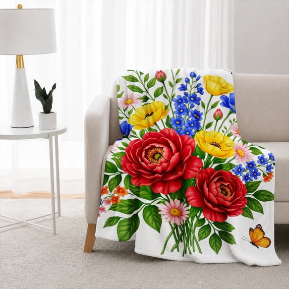 Rdsfhsp Floral Bouquet Flannel Fleece Blanket, Colorful Flower Throw Blanket, Soft Cozy Warm Blanket for Bedroom Sofa Home Decor 50"x40"
