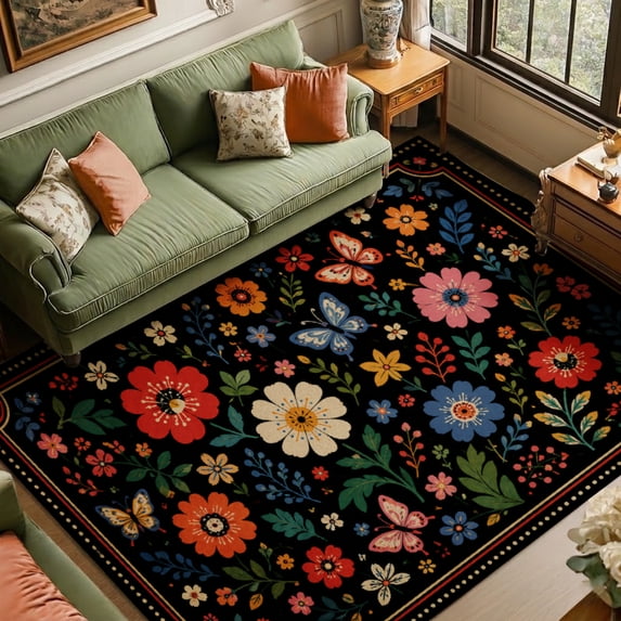 Rdsfhsp Floral Velvet Area Rug, Colorful Wildflower Botanical Pattern Soft Carpet for Bedroom Living Room Home Decor