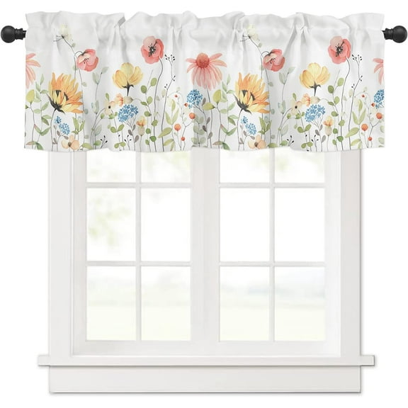 Rdsfhsp Flowers Curtain Valance Window Treatment Watercolor Flowers Spring Plant Rod Pocket Short Window Valance for Kitchen Windows Living Room Bedroom 54 x 18 Inch, 1 Panel