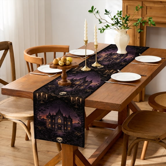 Rdsfhsp Gothic Halloween Linen Table Runner 13x72 Inch, Dark Castle Skull Floral Pattern Table Runner for Dining Room Decor, Spooky Holiday Kitchen Home Decoration