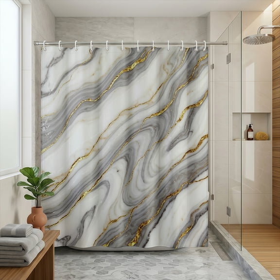 Rdsfhsp Gray Gold Marble Swirl Shower Curtain 72x72 Inch with Hooks Included, Machine Washable Mildew Resistant Waterproof Heavy Duty Fabric Bathroom Bath Curtain Decor
