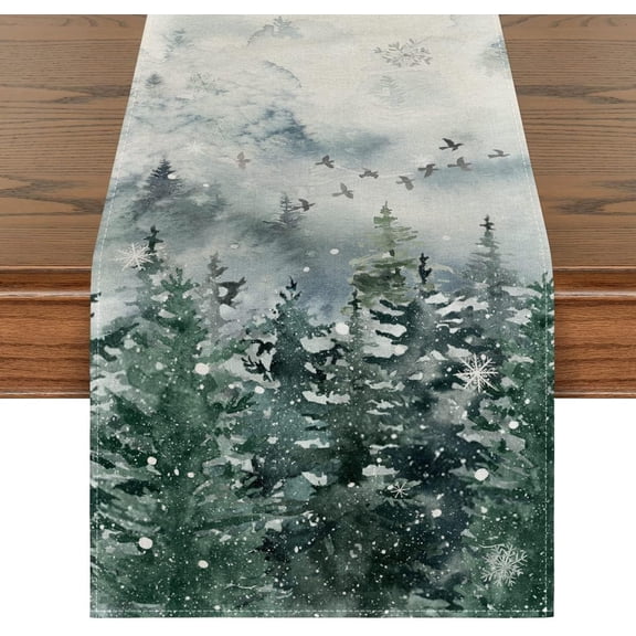 Rdsfhsp Green Tree Snow Christmas Table Runner, Seasonal Winter Holiday Kitchen Dining Table Decoration for Home Party Decor 13x72 Inch
