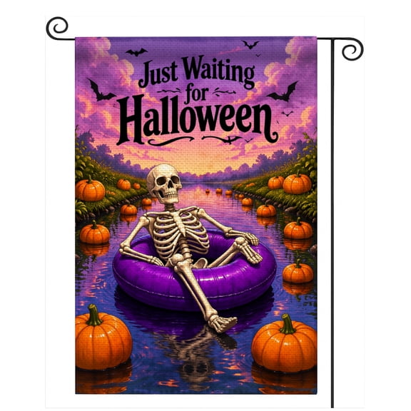 Rdsfhsp Halloween Garden Flag Linen Funny Skeleton Pool Float Pumpkin Spooky Yard Banner Outdoor Decor Double Sided 12x18