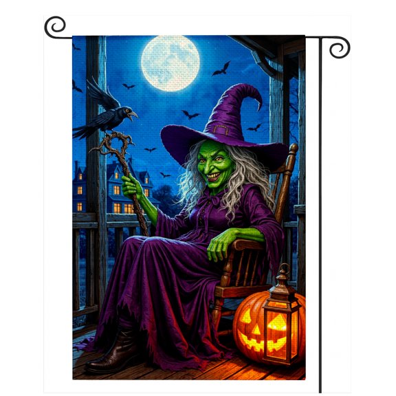 Rdsfhsp Halloween Garden Flag Linen Spooky Green Witch Hat Pumpkin Lantern Yard Banner Outdoor Lawn Decor Double Sided 12x18