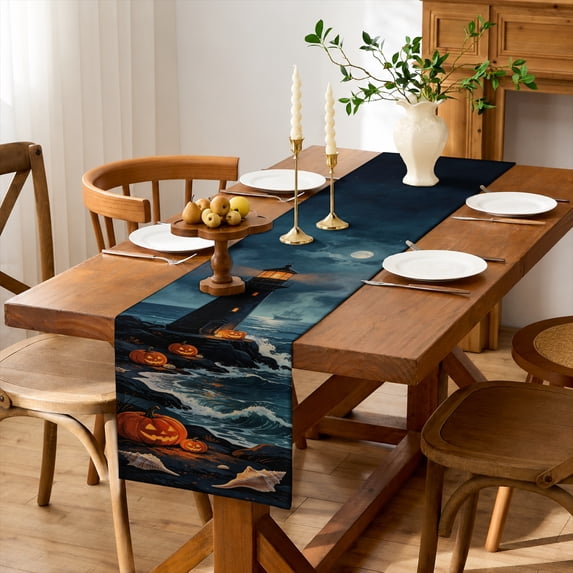 Rdsfhsp Halloween Lighthouse Linen Table Runner 13x72 Inch, Moon Ocean Pumpkin Coastal Pattern Table Runner for Dining Table Decor, Spooky Holiday Kitchen Decoration