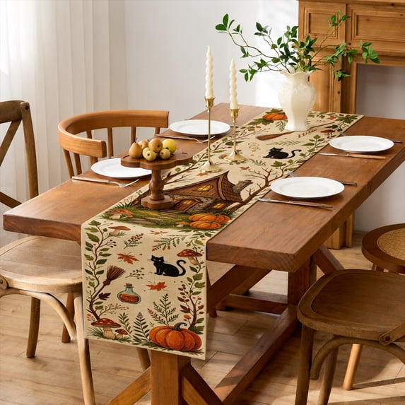 Rdsfhsp Halloween Pumpkin House Linen Table Runner 13x72 Inch, Haunted Cottage Autumn Pattern Table Runner for Dining Room Kitchen Decor, Fall Holiday Decoration