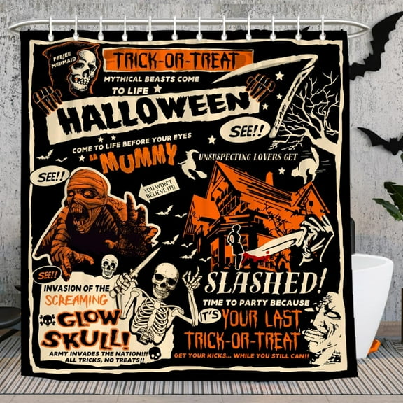 Rdsfhsp Halloween Trick or Treat Spooky Mummy Skeleton Polyester Shower Curtain with Hooks 72" x 72"