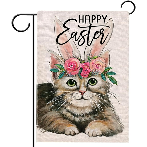 Rdsfhsp Happy Easter Garden Flag Double Sided, Cat with Bunny Ears Decorative Yard Flag Outdoor Home Small Decor, Kitty Kitten Spring Farmhouse Linen Outside House Decoration 12 x 18