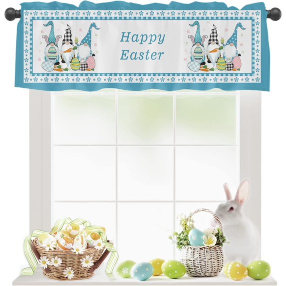 Rdsfhsp Happy Easter Gnome Valance Curtain for Window, Dwarf Colored Eggs Carrots Rod Pocket Kitchen Valances Short Curtain Panel, Windows Treatment Drapes for Bedroom Living Room Kitchen