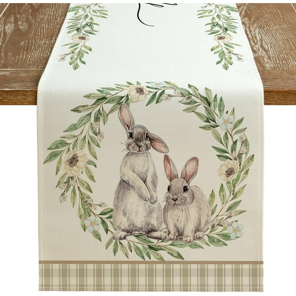 Rdsfhsp Happy Easter Linen Table Runner 13x72 inch, Bunny Rabbit Leaf Floral Spring Holiday Farmhouse Buffalo Plaid Table Decorations for Home