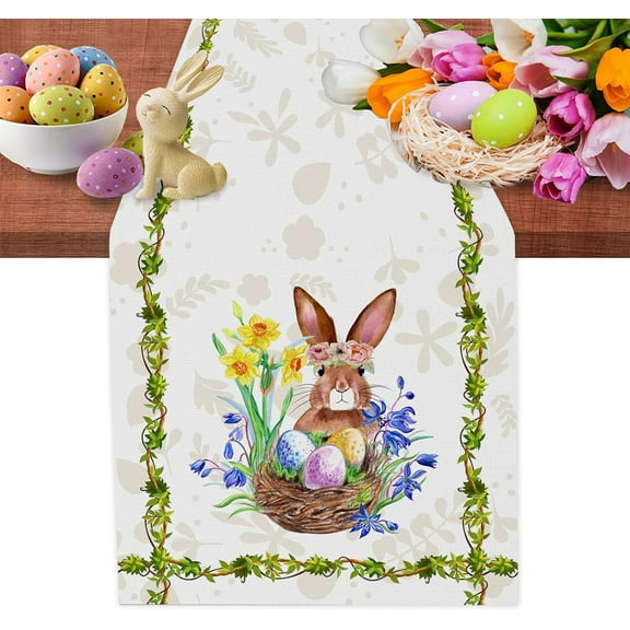 Rdsfhsp Happy Easter Rabbit Green Leaves Table Runner Holiday Kitchen Flowers Bunny Eggs Table Runner for Seasonal Spring Home Party Decor 13 x 72 Inch